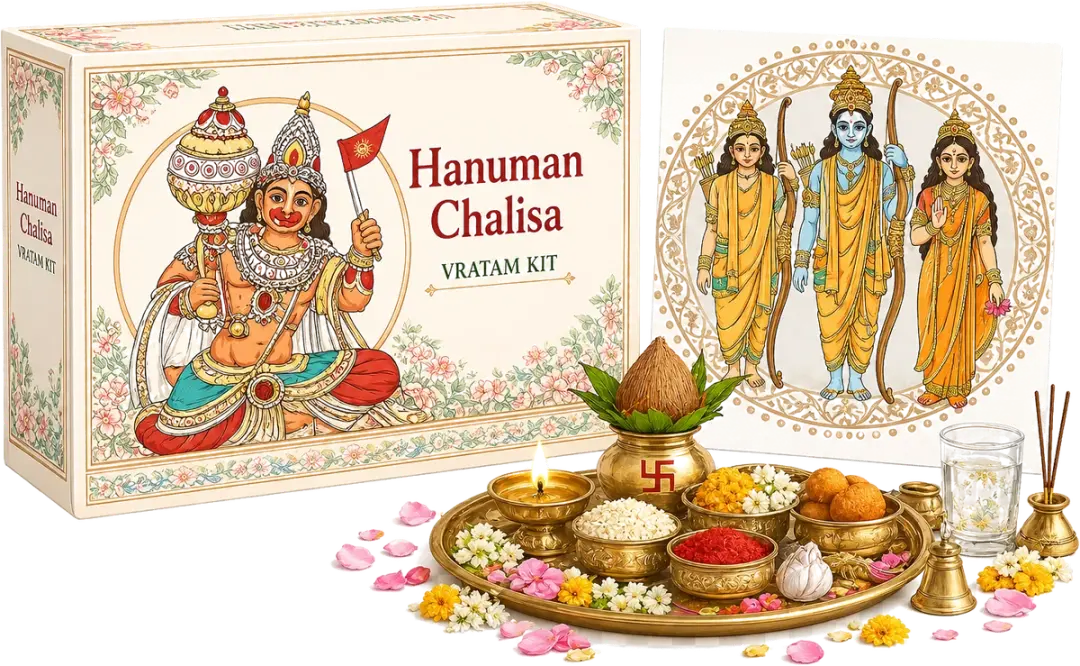 Complete ready-to-use Vratam pooja kit with brass items and katha book